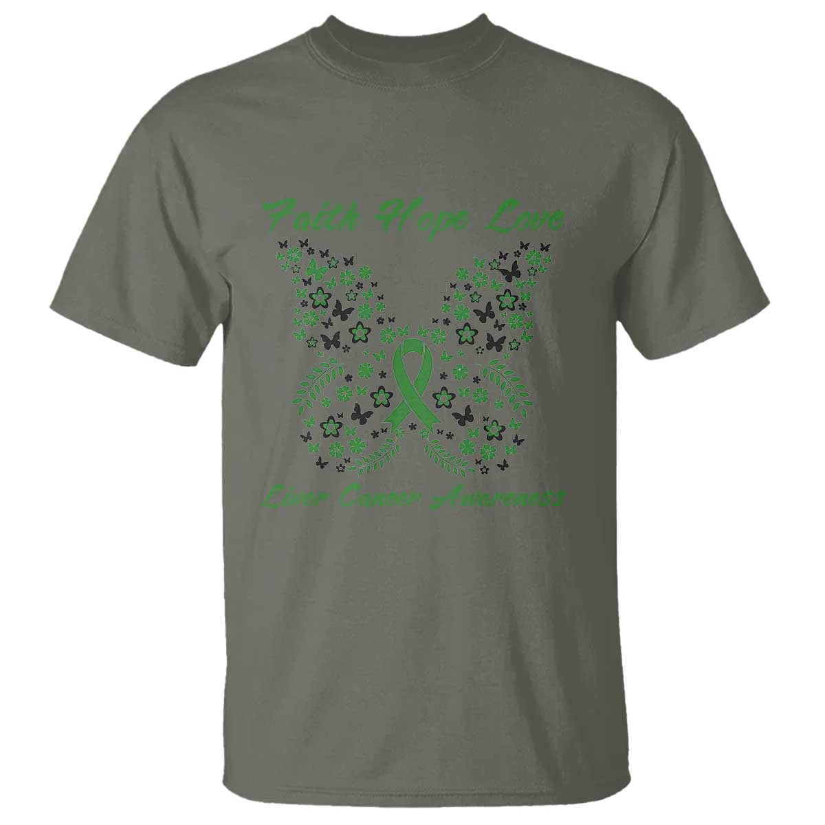 Faith Hope Love Liver Cancer Awareness T Shirt Butterfly Ribbon Floral Gift