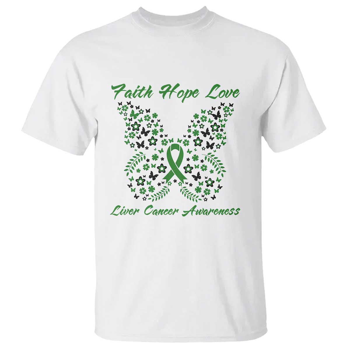 Faith Hope Love Liver Cancer Awareness T Shirt Butterfly Ribbon Floral Gift TS12 White Print Your Wear