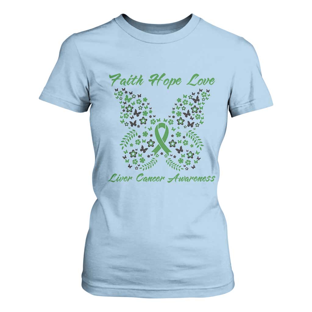Faith Hope Love Liver Cancer Awareness T Shirt For Women Butterfly Ribbon Floral Gift