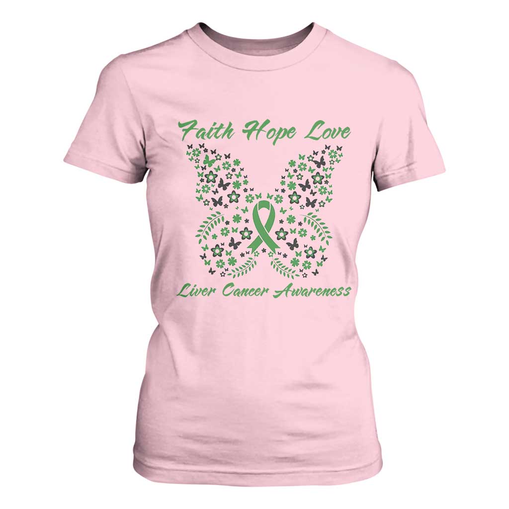 Faith Hope Love Liver Cancer Awareness T Shirt For Women Butterfly Ribbon Floral Gift