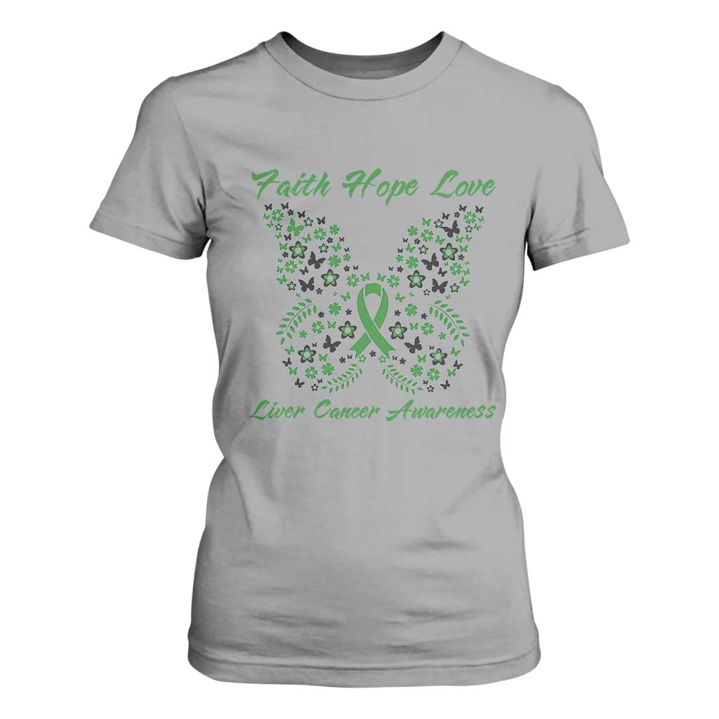 Faith Hope Love Liver Cancer Awareness T Shirt For Women Butterfly Ribbon Floral Gift