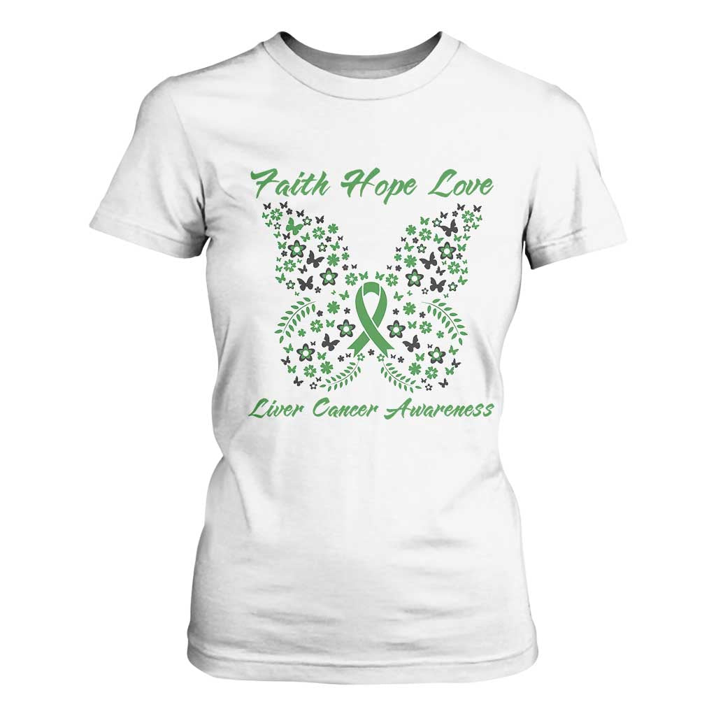 Faith Hope Love Liver Cancer Awareness T Shirt For Women Butterfly Ribbon Floral Gift