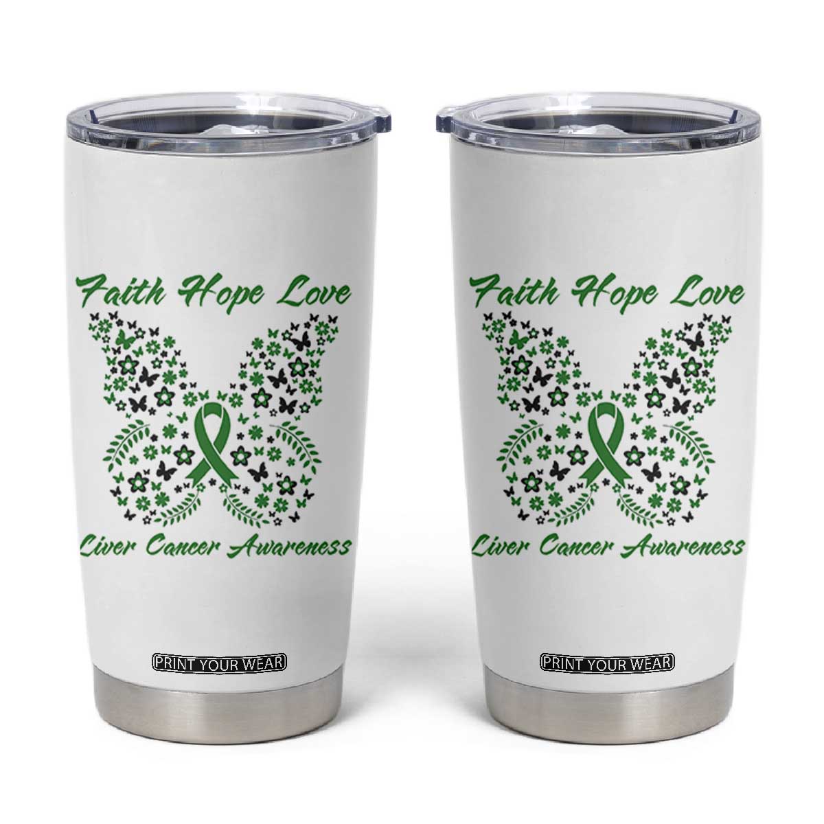 Faith Hope Love Liver Cancer Awareness Tumbler Cup Butterfly Ribbon Floral Gift