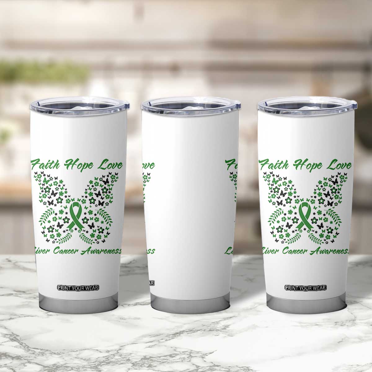 Faith Hope Love Liver Cancer Awareness Tumbler Cup Butterfly Ribbon Floral Gift