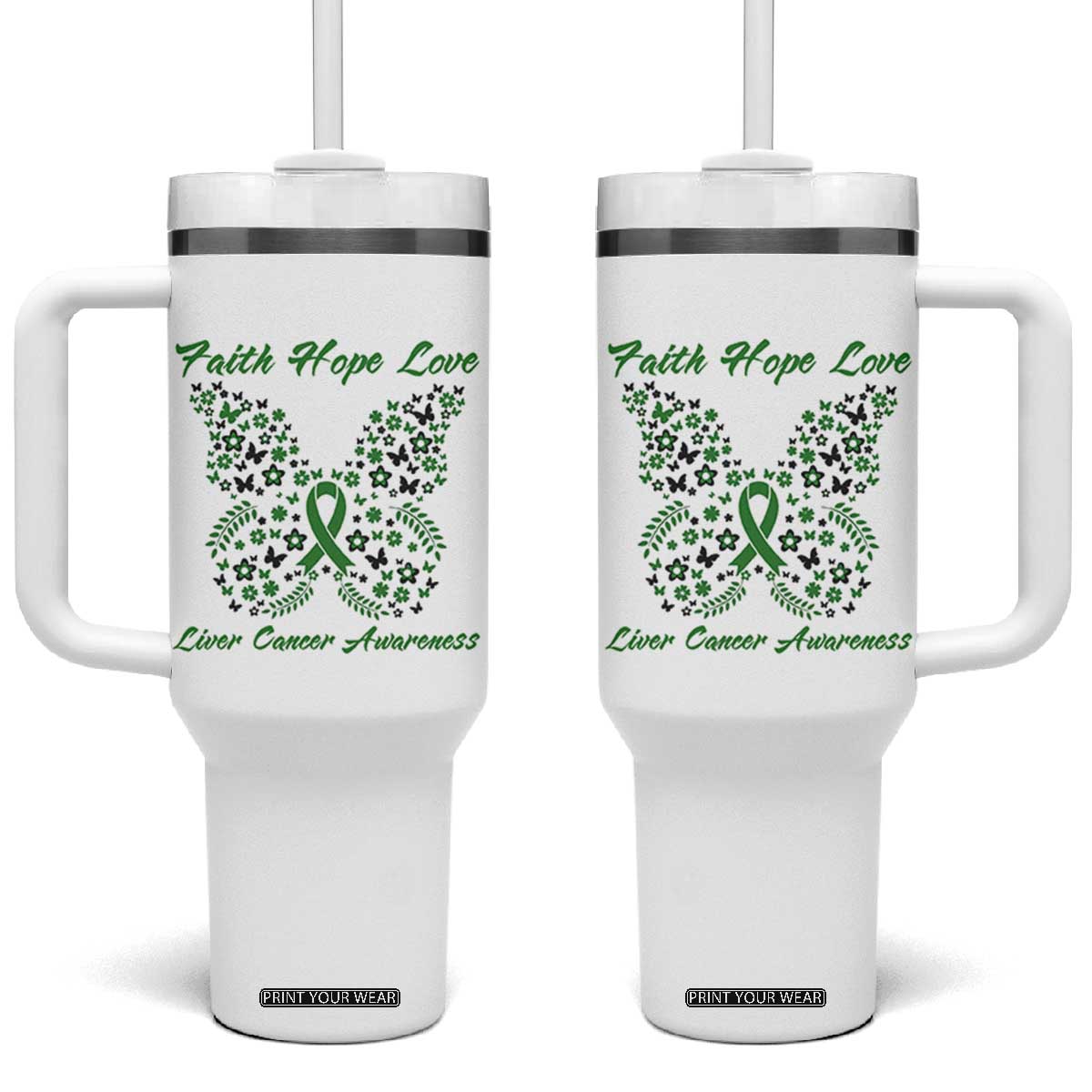 Faith Hope Love Liver Cancer Awareness Tumbler With Handle Butterfly Ribbon Floral Gift