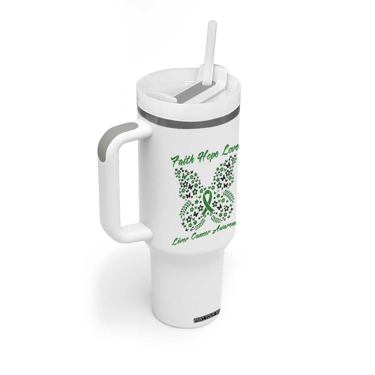 Faith Hope Love Liver Cancer Awareness Tumbler With Handle Butterfly Ribbon Floral Gift