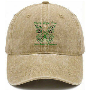 Faith Hope Love Liver Cancer Awareness Washed Cotton Baseball Cap Butterfly Ribbon Floral Gift