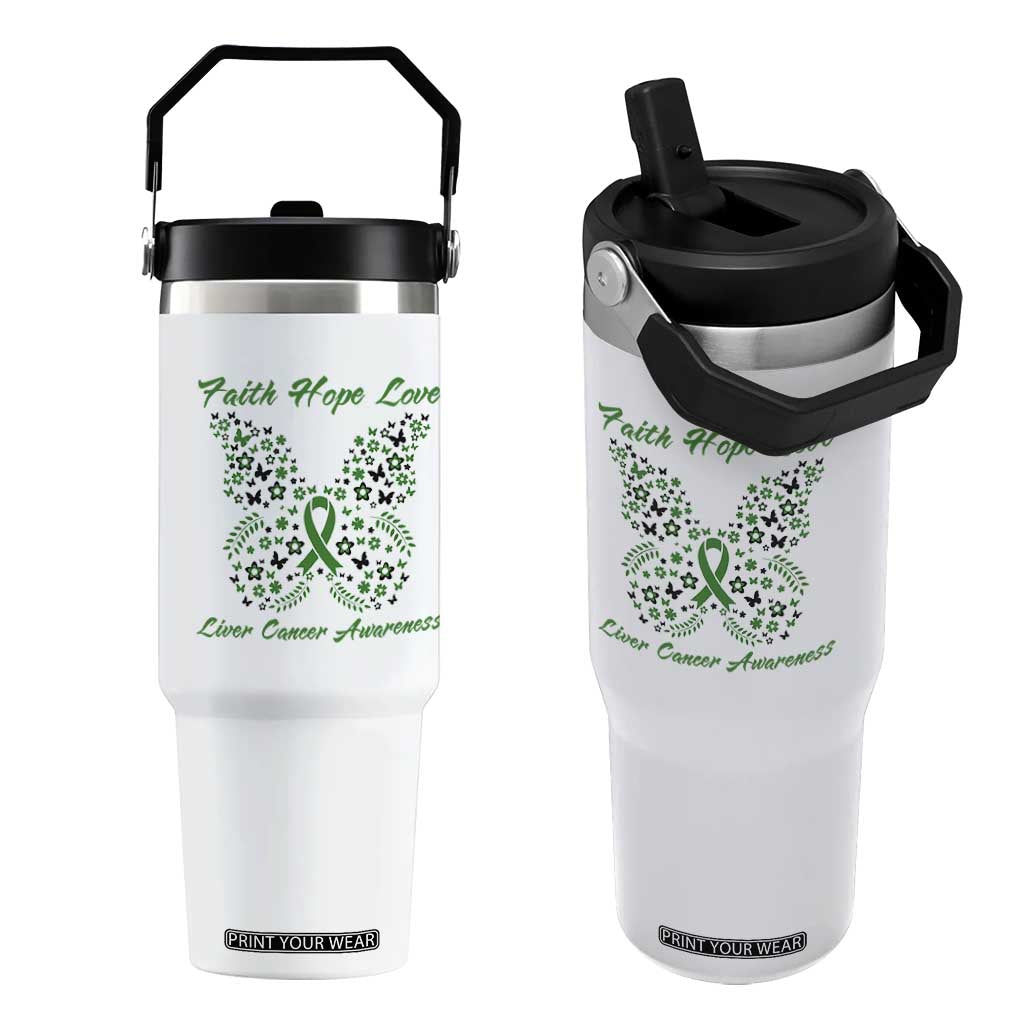 Faith Hope Love Liver Cancer Awareness Flip Straw Tumbler Butterfly Ribbon Floral Gift