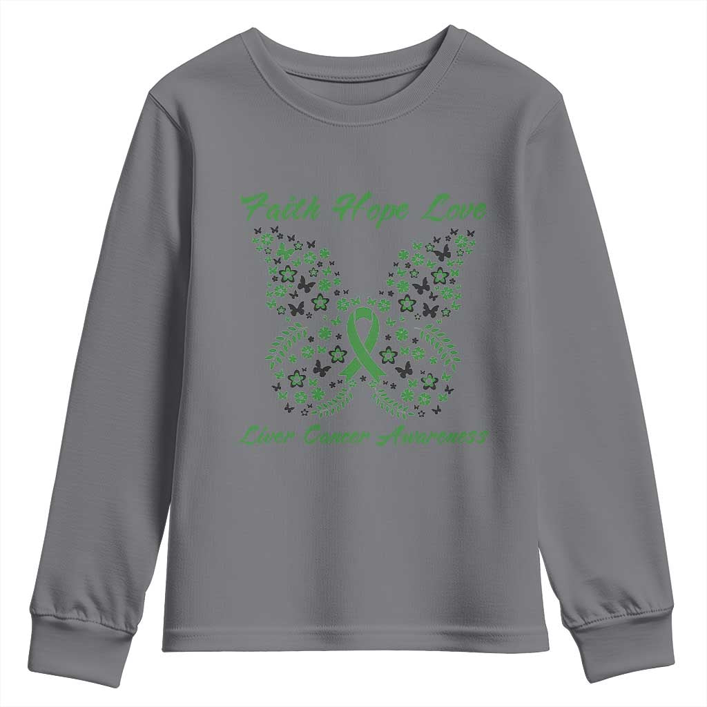 Faith Hope Love Liver Cancer Awareness Youth Sweatshirt Butterfly Ribbon Floral Gift