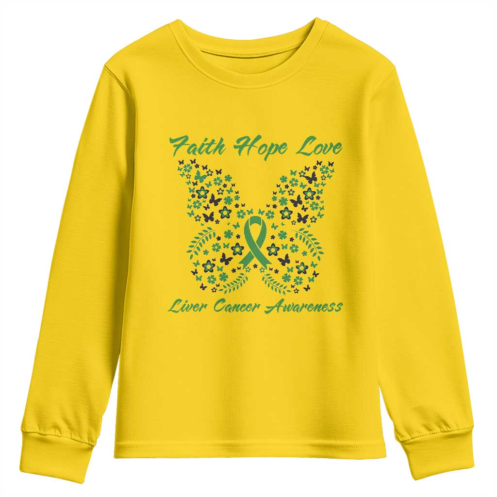 Faith Hope Love Liver Cancer Awareness Youth Sweatshirt Butterfly Ribbon Floral Gift