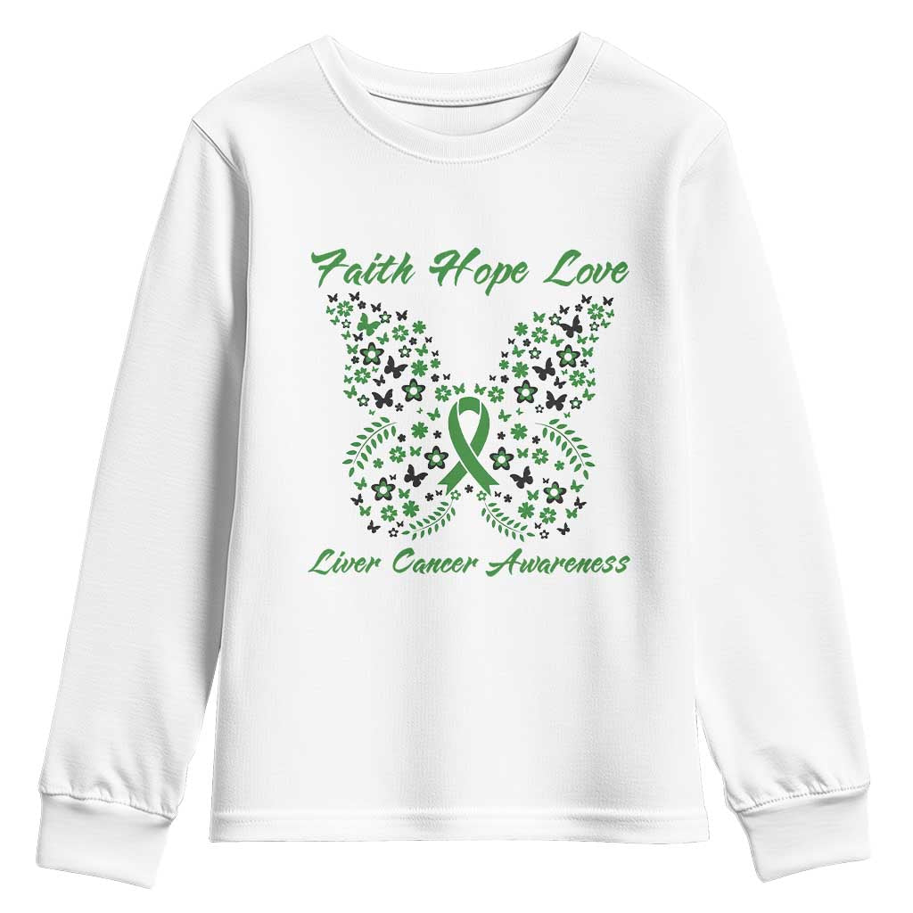 Faith Hope Love Liver Cancer Awareness Youth Sweatshirt Butterfly Ribbon Floral Gift