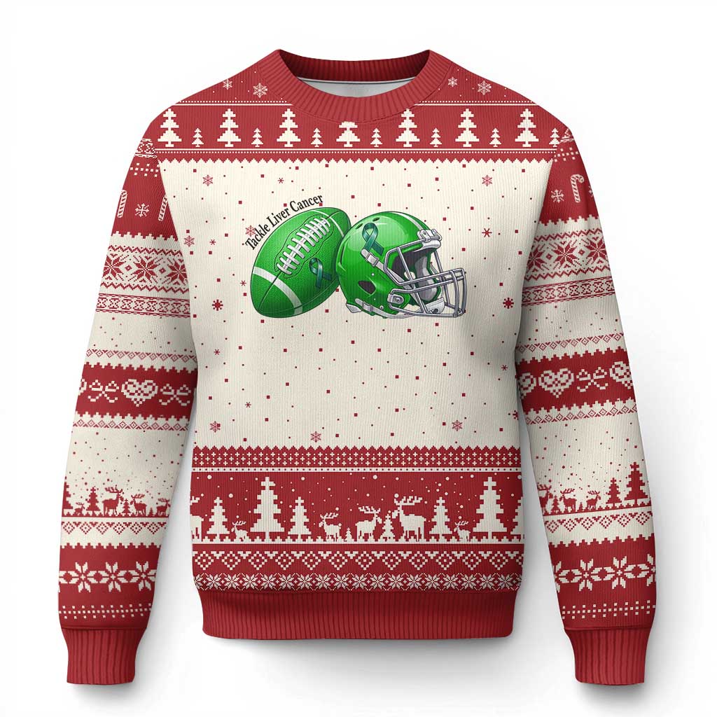 Liver Cancer Support Gift Ugly Christmas Sweater October Tackle Cancer Football