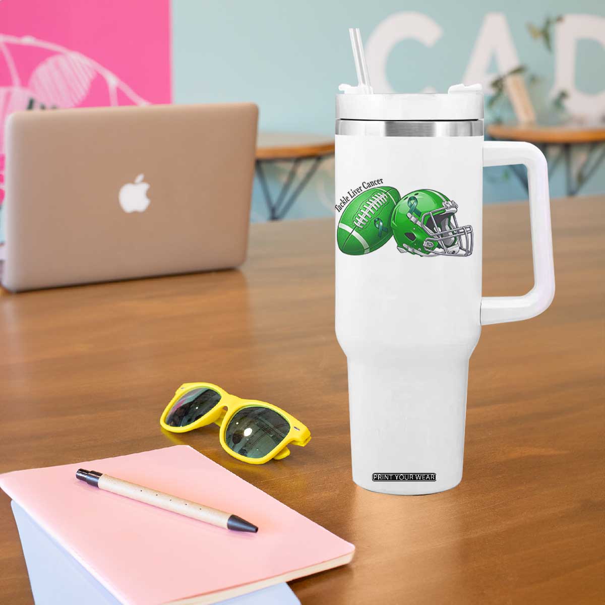 Liver Cancer Support Gift Tumbler With Handle October Tackle Cancer Football