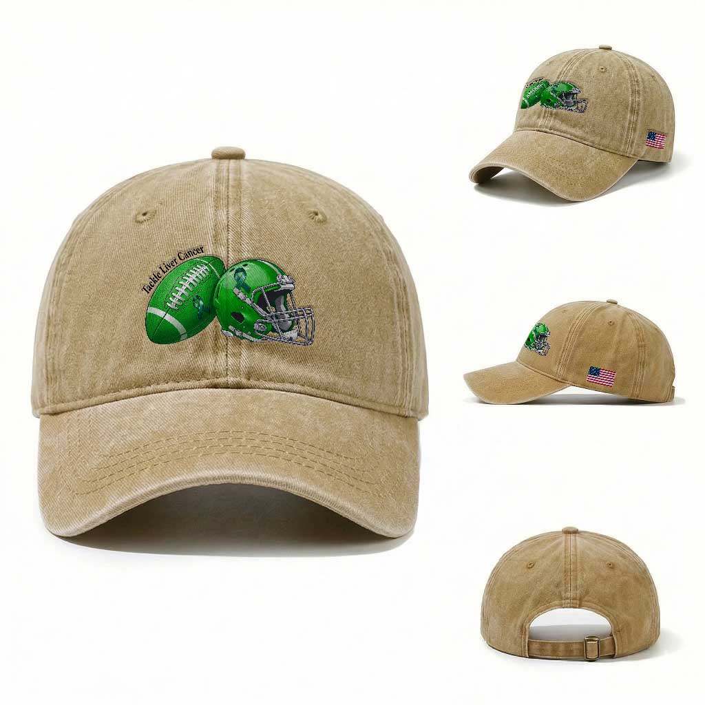 Liver Cancer Support Gift Washed Cotton Baseball Cap October Tackle Cancer Football