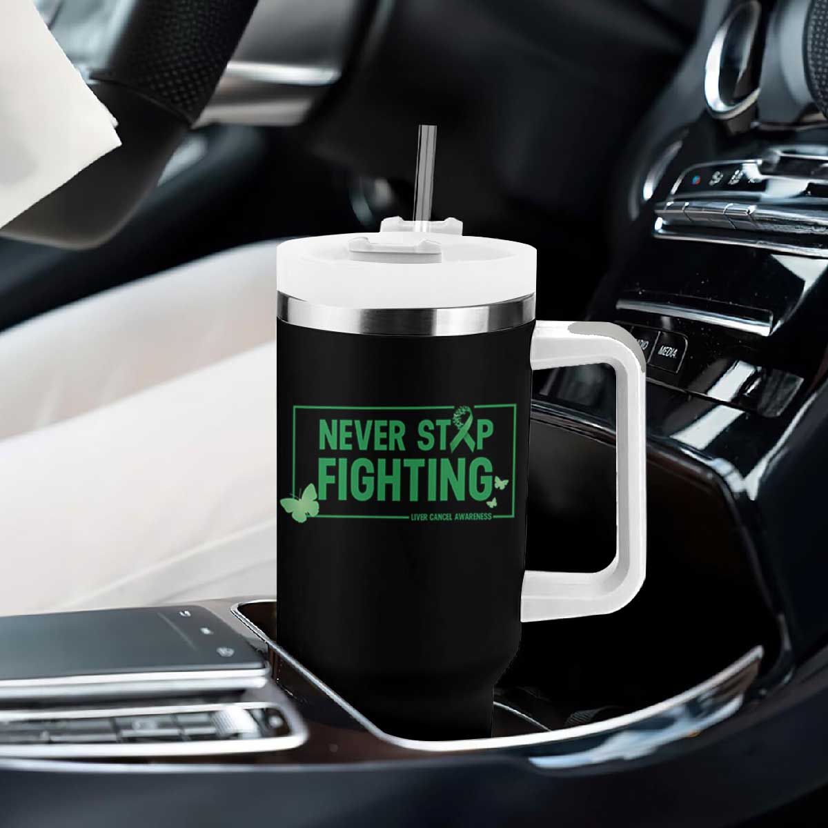 Liver Cancer Warrior Tumbler With Handle Never Stop Fighting Support Gift