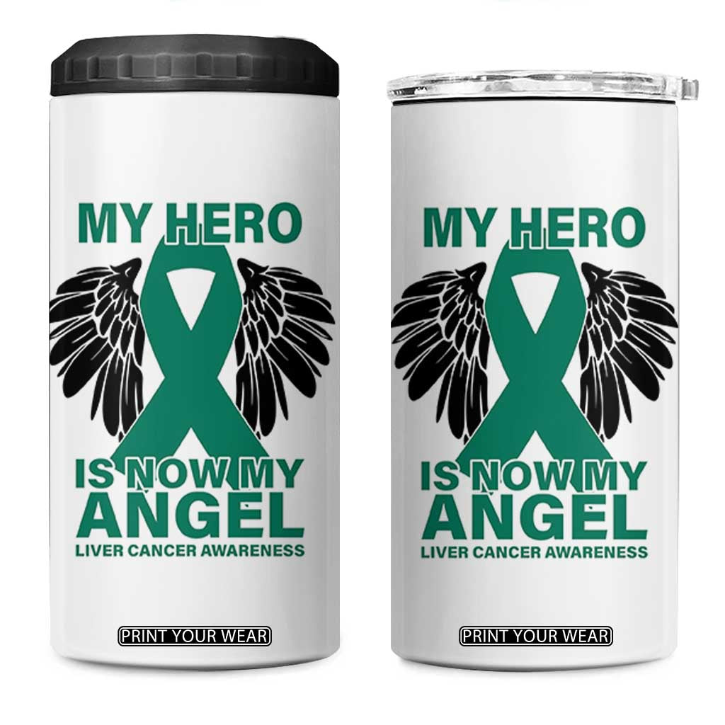 Liver Cancer Awareness Memorial Gift 4 in 1 Can Cooler Tumbler My Hero Is Now My Angel