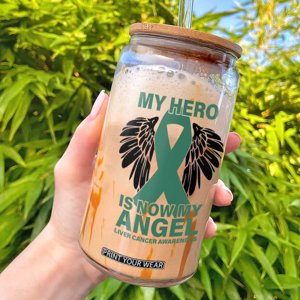Liver Cancer Awareness Memorial Gift Glass Can My Hero Is Now My Angel