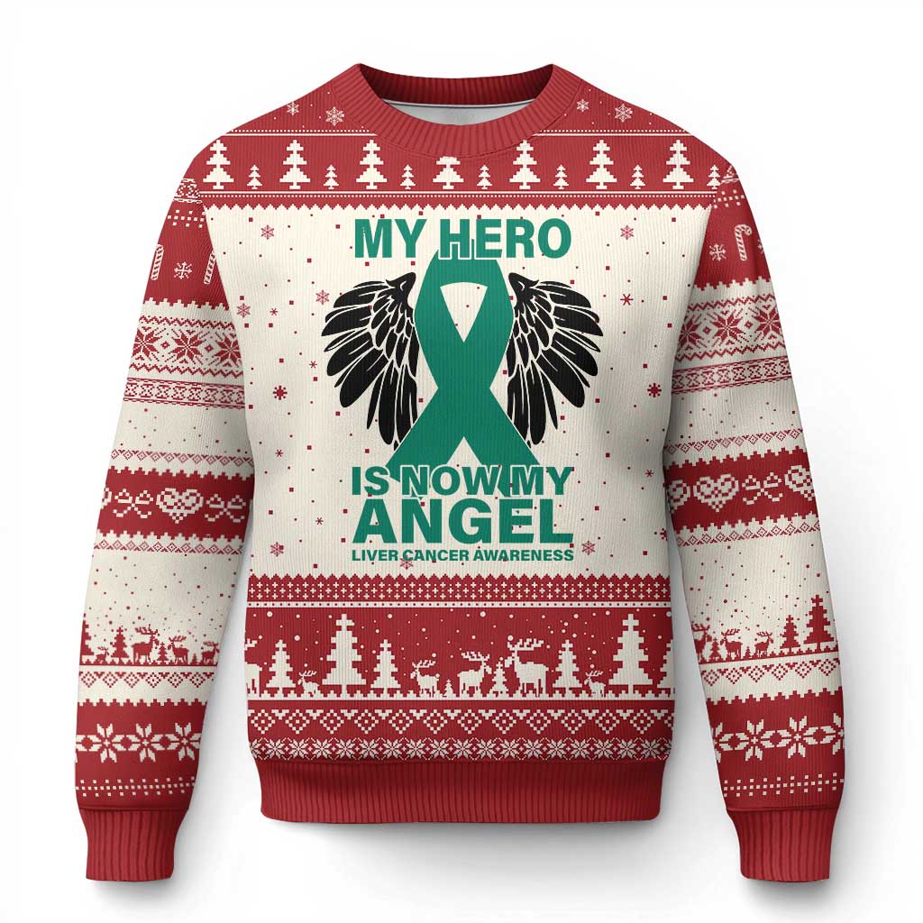 Liver Cancer Awareness Memorial Gift Ugly Christmas Sweater My Hero Is Now My Angel