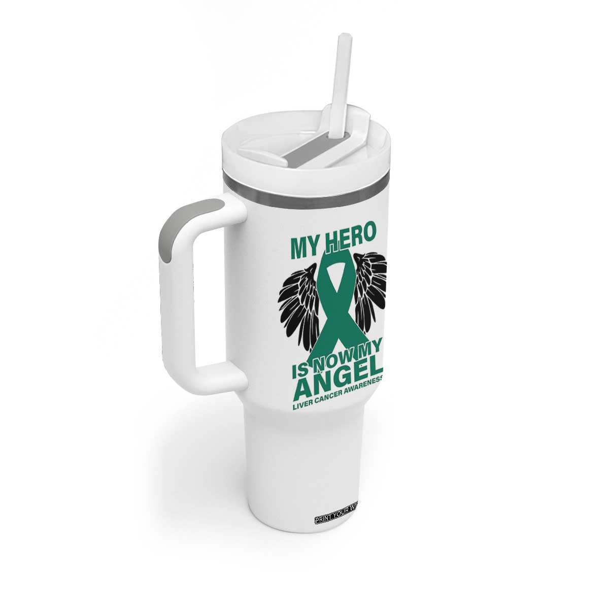 Liver Cancer Awareness Memorial Gift Tumbler With Handle My Hero Is Now My Angel