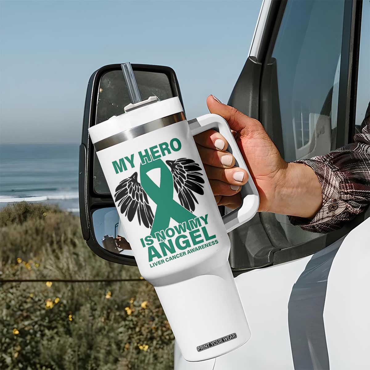 Liver Cancer Awareness Memorial Gift Tumbler With Handle My Hero Is Now My Angel
