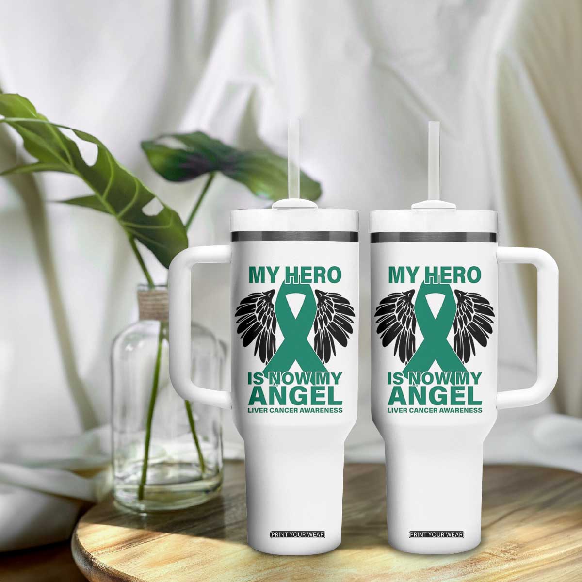 Liver Cancer Awareness Memorial Gift Tumbler With Handle My Hero Is Now My Angel