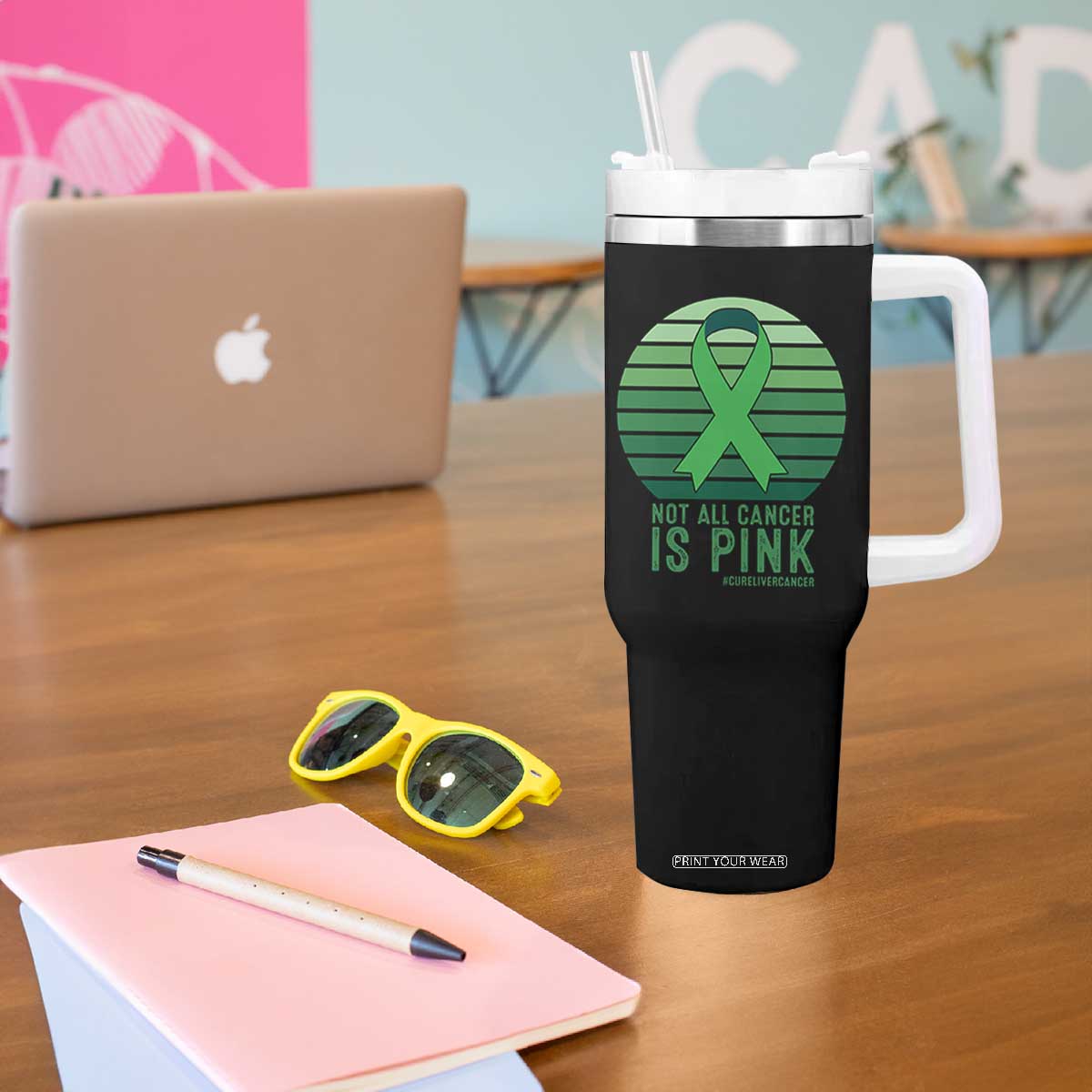 Liver Cancer Awareness Tumbler With Handle Not All Cancer Is Pink Ribbon Support Gift