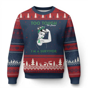 Liver Cancer Warrior Woman Gift Ugly Christmas Sweater Too Tough For Cancer Im A Survivor