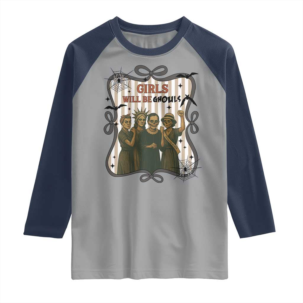 Halloween Feminist Raglan Shirt Girls Will Be Ghouls Women Empowerment TS12 Sport Gray Navy Print Your Wear