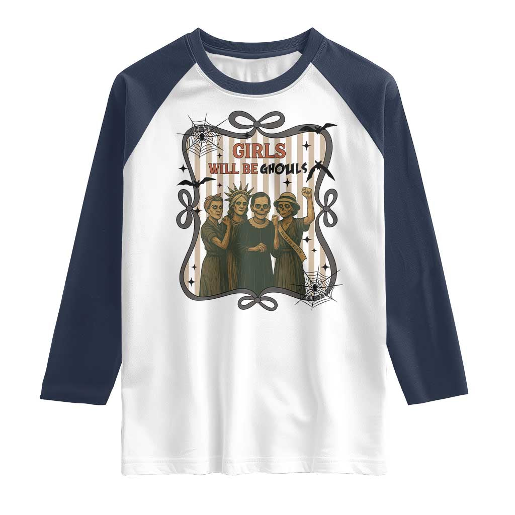 Halloween Feminist Raglan Shirt Girls Will Be Ghouls Women Empowerment TS12 White Navy Print Your Wear