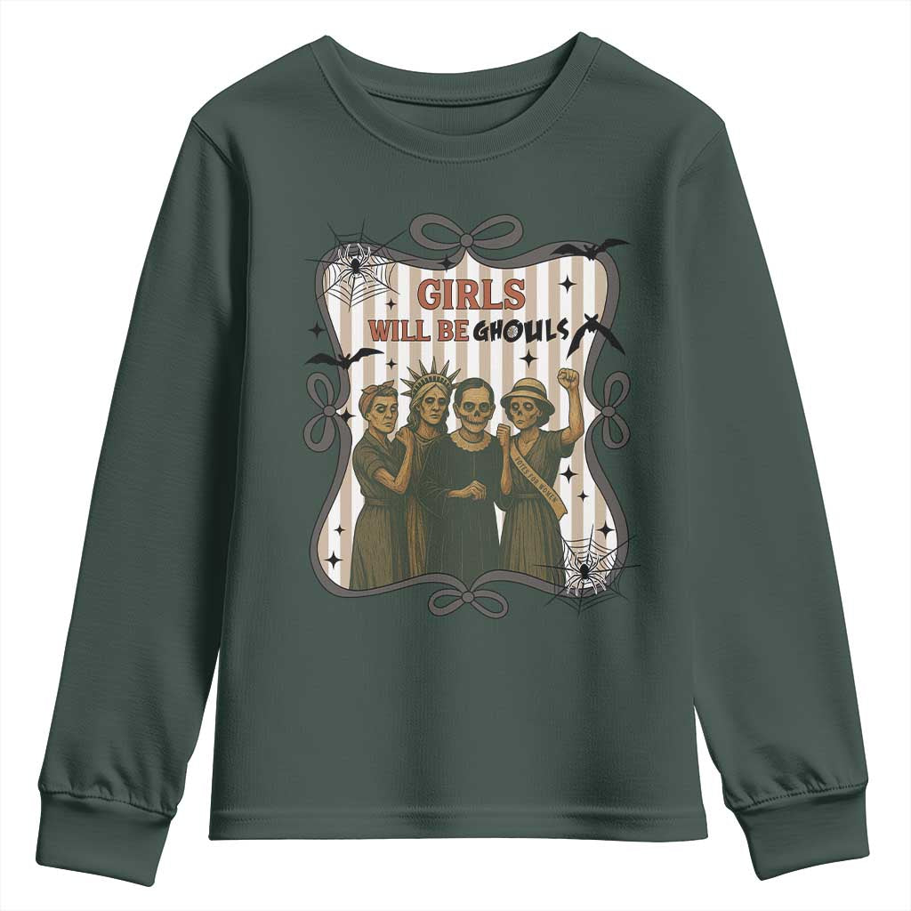 Halloween Feminist Youth Sweatshirt Girls Will Be Ghouls Women Empowerment TS12 Dark Forest Green Print Your Wear