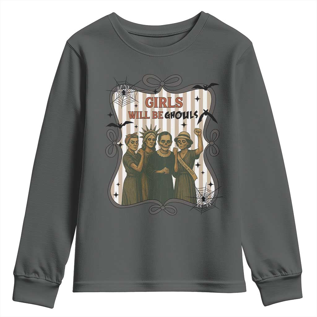 Halloween Feminist Youth Sweatshirt Girls Will Be Ghouls Women Empowerment TS12 Dark Heather Print Your Wear