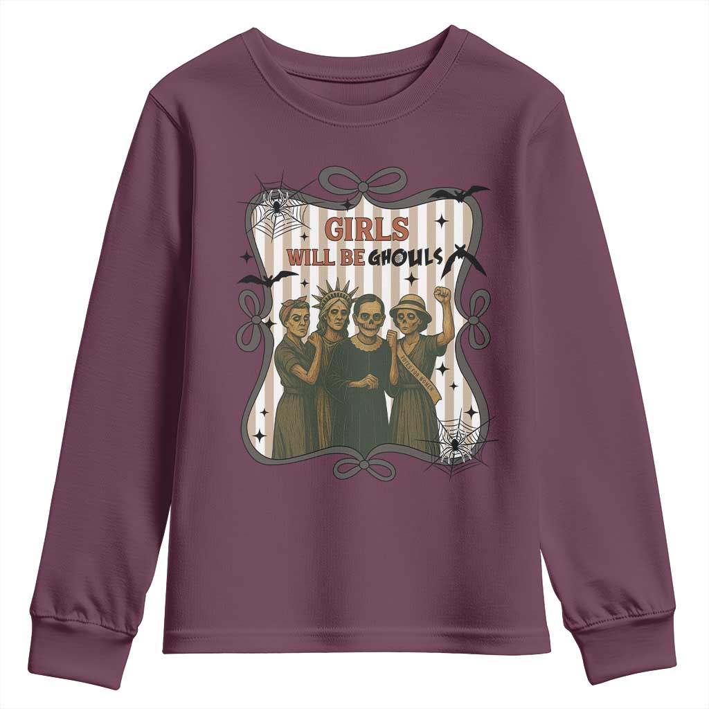 Halloween Feminist Youth Sweatshirt Girls Will Be Ghouls Women Empowerment TS12 Maroon Print Your Wear