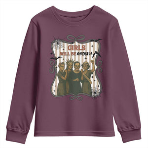 Halloween Feminist Youth Sweatshirt Girls Will Be Ghouls Women Empowerment TS12 Maroon Print Your Wear