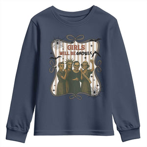 Halloween Feminist Youth Sweatshirt Girls Will Be Ghouls Women Empowerment TS12 Navy Print Your Wear