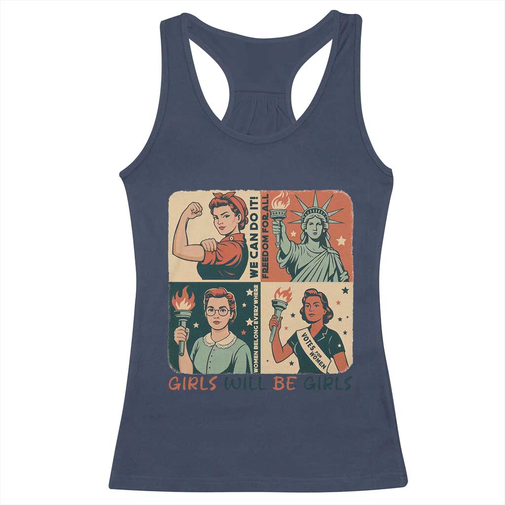 Girls Will Be Girls Racerback Tank Top Patriotic Feminist USA Women TS12 Navy Print Your Wear