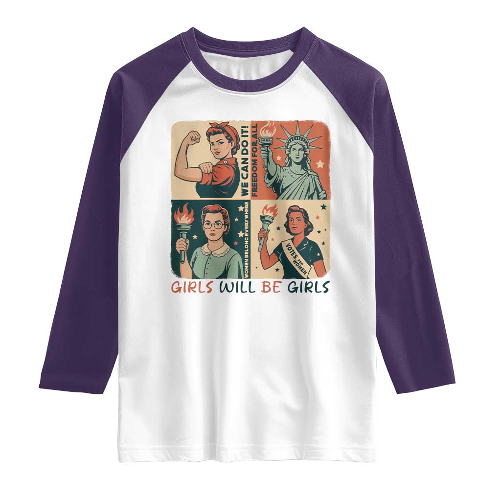 Girls Will Be Girls Raglan Shirt Patriotic Feminist USA Women TS12 White Purple Print Your Wear