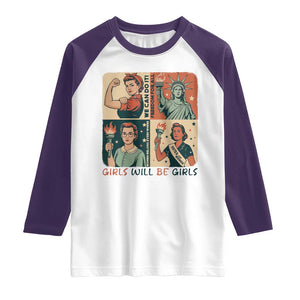Girls Will Be Girls Raglan Shirt Patriotic Feminist USA Women TS12 White Purple Print Your Wear