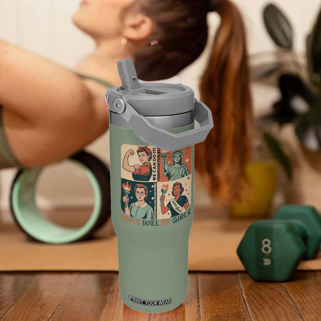 Girls Will Be Girls Flip Straw Tumbler Patriotic Feminist USA Women TS12 One Size: 30 oz Moss Green Print Your Wear