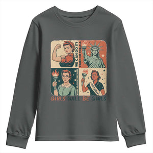 Girls Will Be Girls Youth Sweatshirt Patriotic Feminist USA Women TS12 Dark Heather Print Your Wear