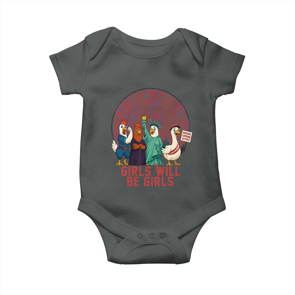 Girls Will Be Girls Baby Onesie Funny Patriotic Feathered Feminists Ducks TS12 Dark Heather Print Your Wear