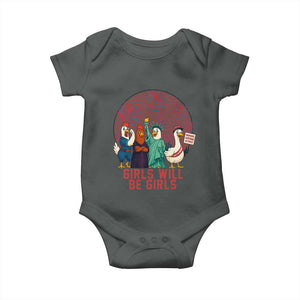 Girls Will Be Girls Baby Onesie Funny Patriotic Feathered Feminists Ducks TS12 Dark Heather Print Your Wear