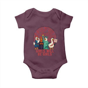 Girls Will Be Girls Baby Onesie Funny Patriotic Feathered Feminists Ducks TS12 Maroon Print Your Wear