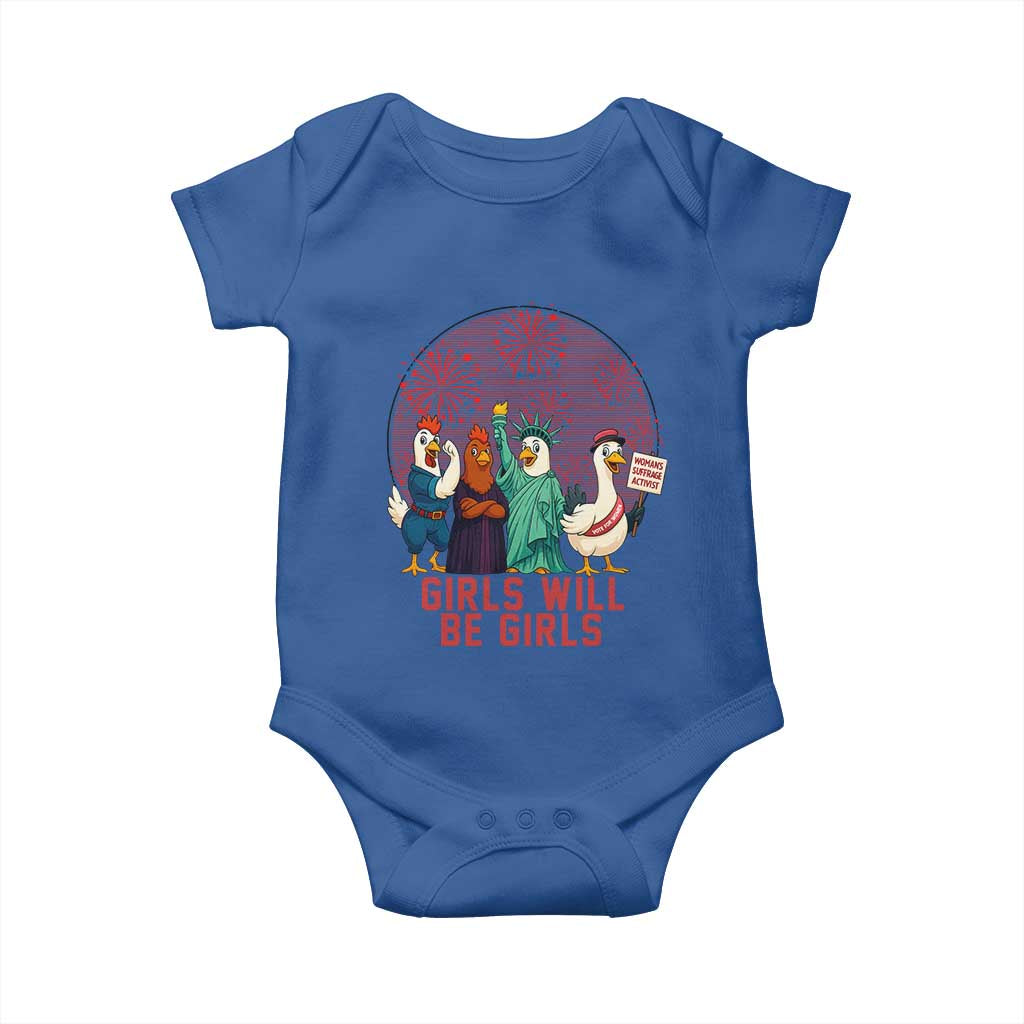 Girls Will Be Girls Baby Onesie Funny Patriotic Feathered Feminists Ducks TS12 Royal Blue Print Your Wear