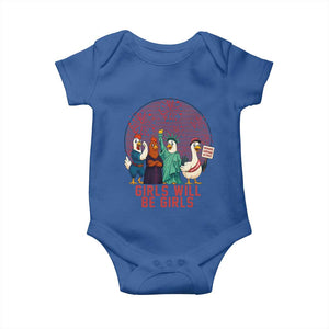 Girls Will Be Girls Baby Onesie Funny Patriotic Feathered Feminists Ducks TS12 Royal Blue Print Your Wear