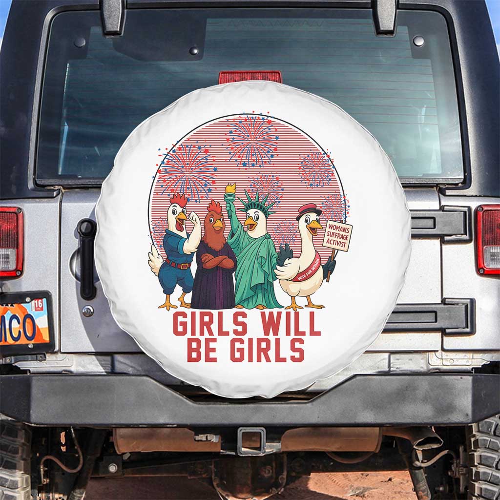 Girls Will Be Girls Spare Tire Cover Funny Patriotic Feathered Feminists Ducks TS12 No hole White Print Your Wear