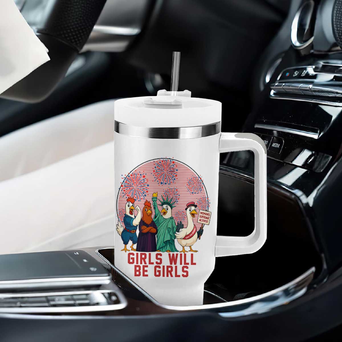 Girls Will Be Girls Tumbler With Handle Funny Patriotic Feathered Feminists Ducks TS12 Print Your Wear