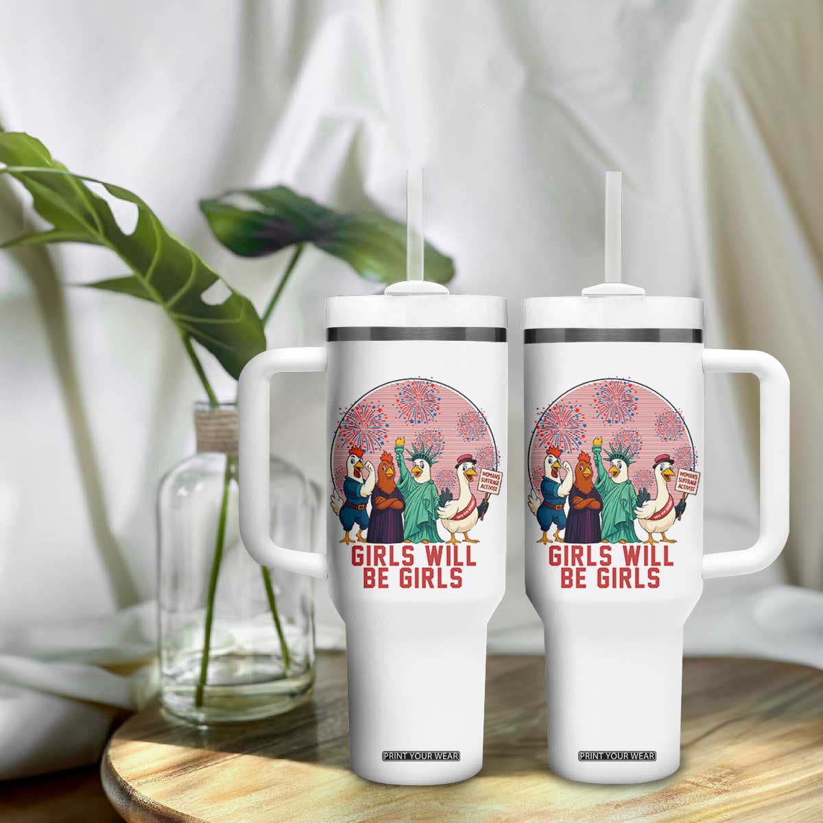 Girls Will Be Girls Tumbler With Handle Funny Patriotic Feathered Feminists Ducks TS12 Print Your Wear