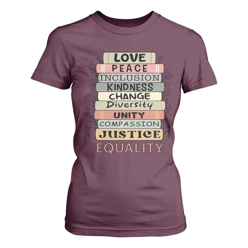 Human Rights Bookish T Shirt For Women Kindness Peace Equality Flower For Women TS12 Maroon Print Your Wear