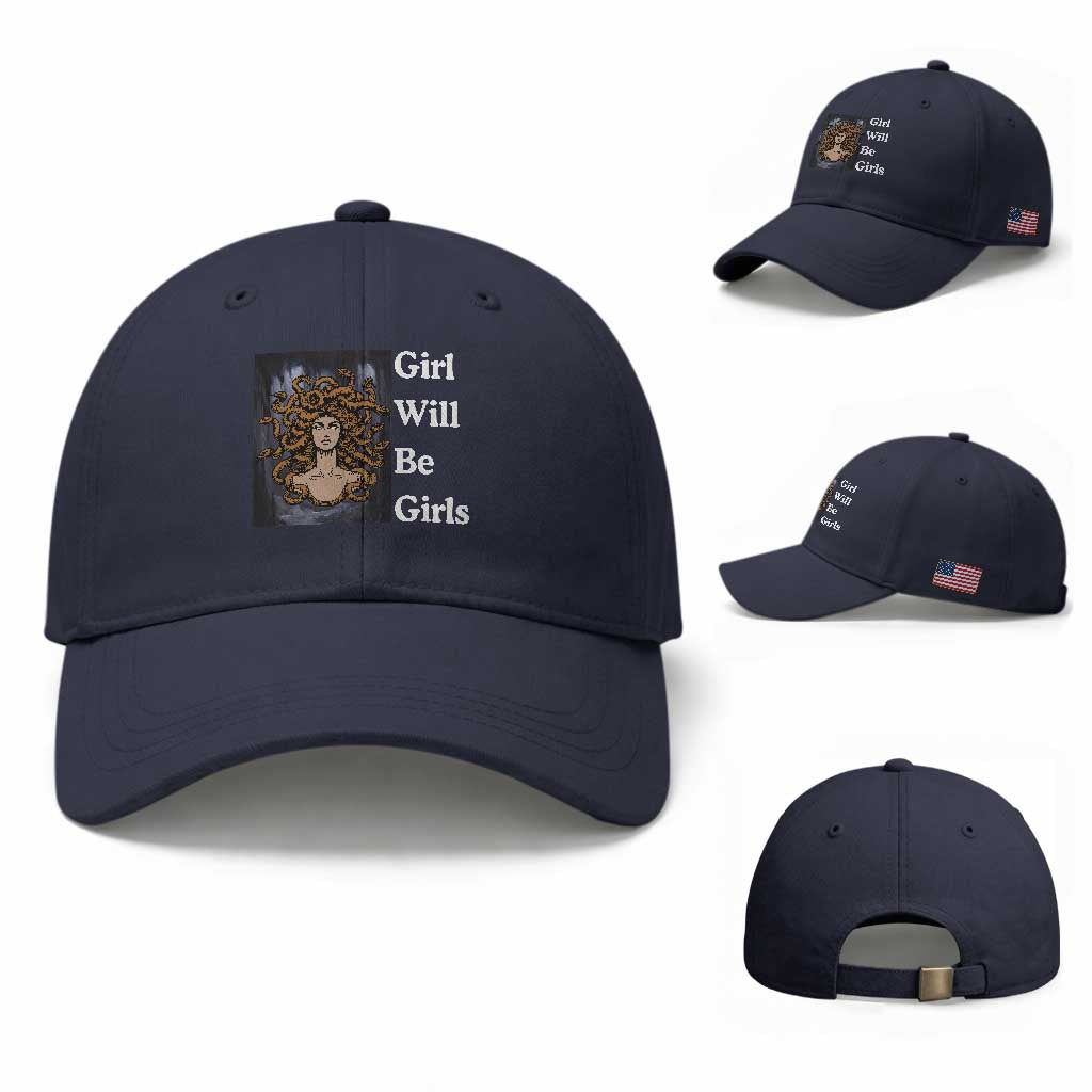 Girl Will Be Girls Baseball Cap Medusa Mythology Feminist Women TS12 Baseball Cap Universal Fit Navy Print Your Wear