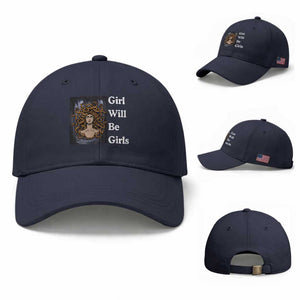 Girl Will Be Girls Baseball Cap Medusa Mythology Feminist Women TS12 Baseball Cap Universal Fit Navy Print Your Wear